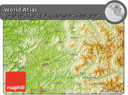 Physical Map of the Area around 43° 27' 40" N, 123° 10' 30" W