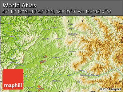 Physical Map of the Area around 43° 27' 40" N, 123° 10' 30" W