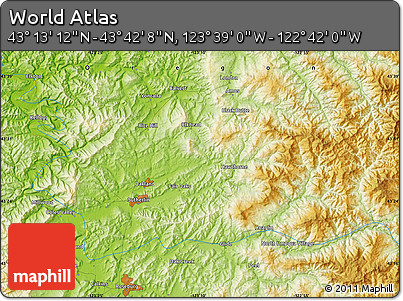 Physical Map of the Area around 43° 27' 40" N, 123° 10' 30" W