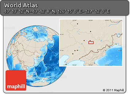 Shaded Relief Location Map of the Area around 43° 27' 40" N, 126° 43' 29" E