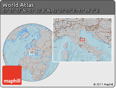 Gray Location Map of the Area around 43° 27' 40" N, 12° 49' 29" E, hill shading