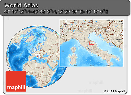Shaded Relief Location Map of the Area around 43° 27' 40" N, 12° 49' 29" E