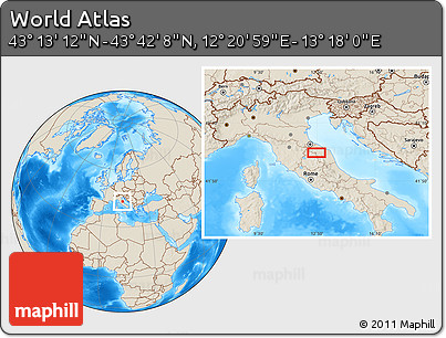 Shaded Relief Location Map of the Area around 43° 27' 40" N, 12° 49' 29" E