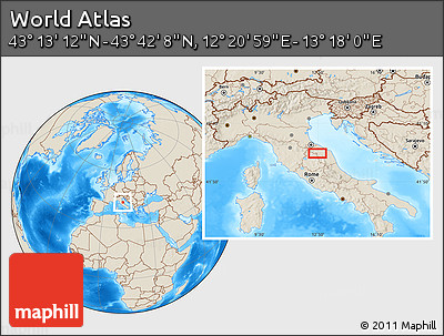 Shaded Relief Location Map of the Area around 43° 27' 40" N, 12° 49' 29" E