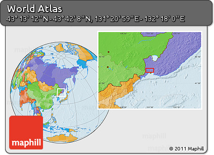 Political Location Map of the Area around 43° 27' 40" N, 131° 49' 29" E