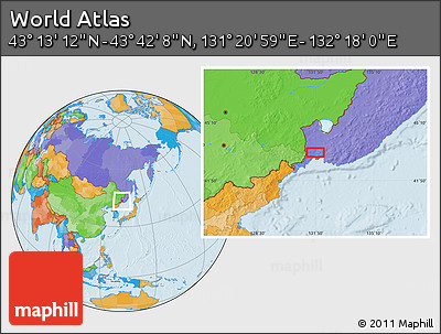 Political Location Map of the Area around 43° 27' 40" N, 131° 49' 29" E