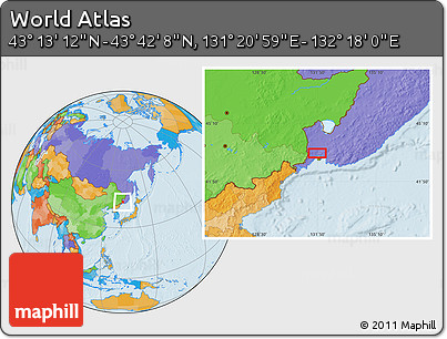 Political Location Map of the Area around 43° 27' 40" N, 131° 49' 29" E