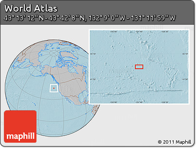 Gray Location Map of the Area around 43° 27' 40" N, 131° 40' 30" W, hill shading