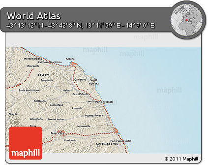 Shaded Relief 3D Map of the Area around 43° 27' 40" N, 13° 40' 30" E