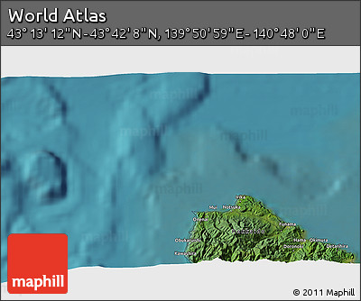 Satellite 3D Map of the Area around 43° 27' 40" N, 140° 19' 29" E