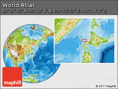 Physical Location Map of the Area around 43° 27' 40" N, 140° 19' 29" E