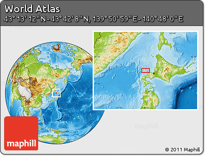 Physical Location Map of the Area around 43° 27' 40" N, 140° 19' 29" E