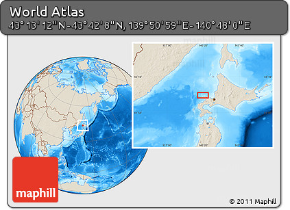 Shaded Relief Location Map of the Area around 43° 27' 40" N, 140° 19' 29" E