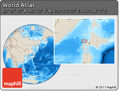Shaded Relief Location Map of the Area around 43° 27' 40" N, 140° 19' 29" E