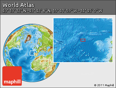 Physical Location Map of the Area around 43° 27' 40" N, 15° 13' 29" W