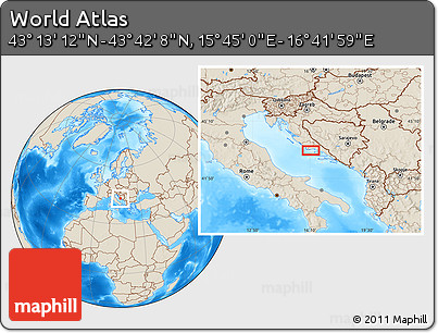 Shaded Relief Location Map of the Area around 43° 27' 40" N, 16° 13' 30" E