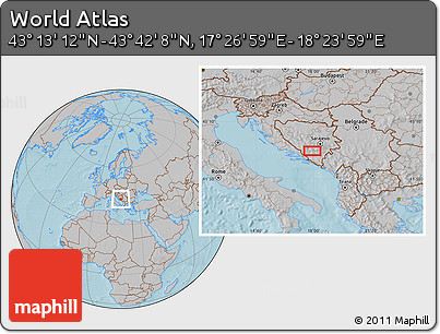 Gray Location Map of the Area around 43° 27' 40" N, 17° 55' 29" E, hill shading