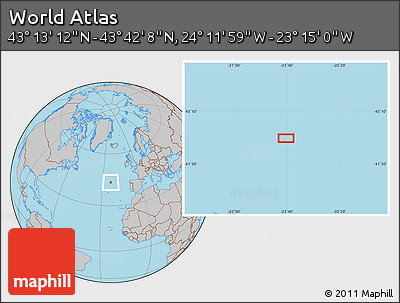 Gray Location Map of the Area around 43° 27' 40" N, 23° 43' 30" W