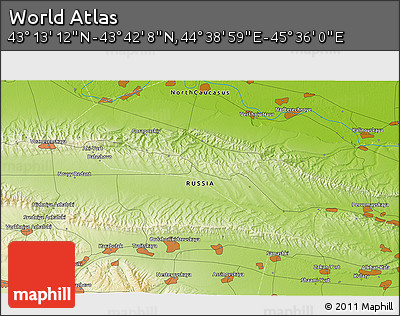 Physical 3D Map of the Area around 43° 27' 40" N, 45° 7' 30" E