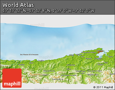 Physical 3D Map of the Area around 43° 27' 40" N, 4° 10' 30" W