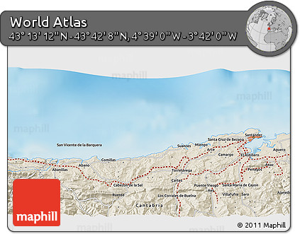 Shaded Relief 3D Map of the Area around 43° 27' 40" N, 4° 10' 30" W