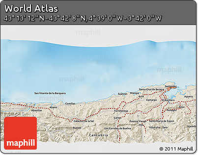 Shaded Relief 3D Map of the Area around 43° 27' 40" N, 4° 10' 30" W