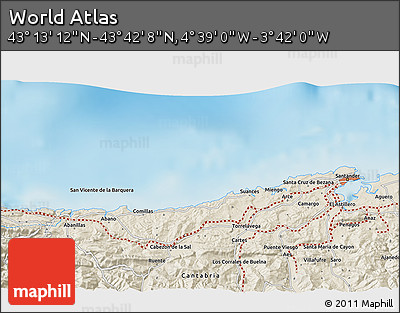 Shaded Relief 3D Map of the Area around 43° 27' 40" N, 4° 10' 30" W