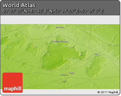 Physical 3D Map of the Area around 43° 27' 40" N, 52° 46' 29" E
