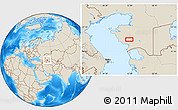 Shaded Relief Location Map of the area around 43° 27' 40" N, 52° 46' 29" E
