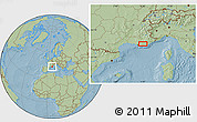 Savanna Style Location Map of the area around 43° 27' 40" N, 6° 1' 30" E, hill shading