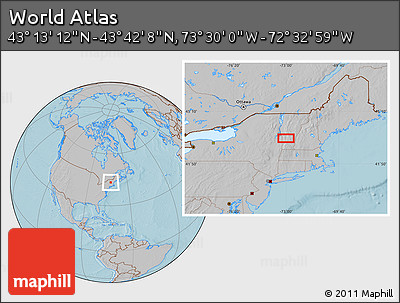 Gray Location Map of the Area around 43° 27' 40" N, 73° 1' 30" W, hill shading