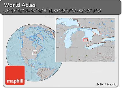 Gray Location Map of the Area around 43° 27' 40" N, 83° 13' 29" W, hill shading