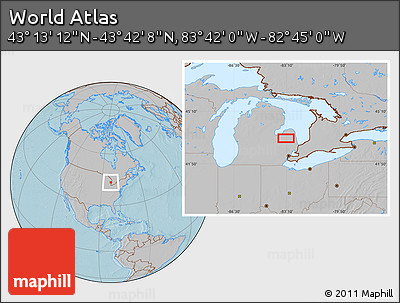Gray Location Map of the Area around 43° 27' 40" N, 83° 13' 29" W, hill shading