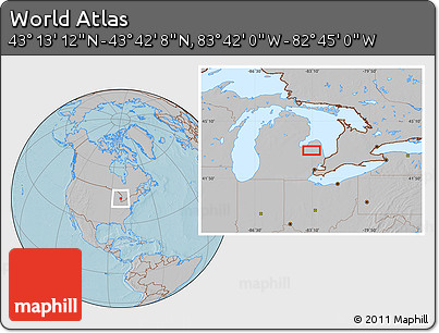 Gray Location Map of the Area around 43° 27' 40" N, 83° 13' 29" W, hill shading
