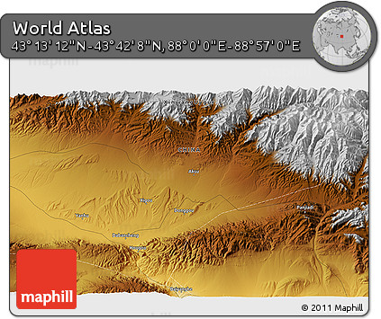 Physical 3D Map of the Area around 43° 27' 40" N, 88° 28' 29" E