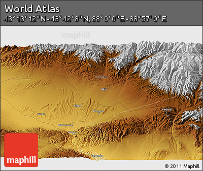 Physical 3D Map of the Area around 43° 27' 40" N, 88° 28' 29" E