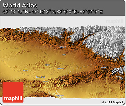 Physical 3D Map of the Area around 43° 27' 40" N, 88° 28' 29" E