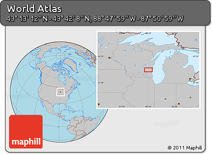 Gray Location Map of the Area around 43° 27' 40" N, 88° 19' 29" W