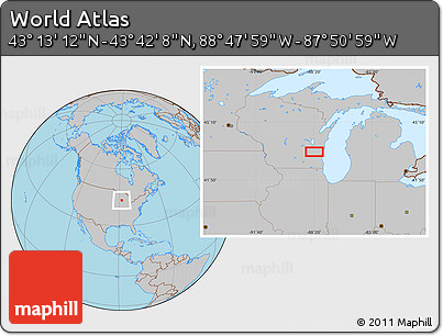 Gray Location Map of the Area around 43° 27' 40" N, 88° 19' 29" W