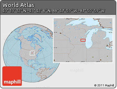 Gray Location Map of the Area around 43° 27' 40" N, 88° 19' 29" W, hill shading