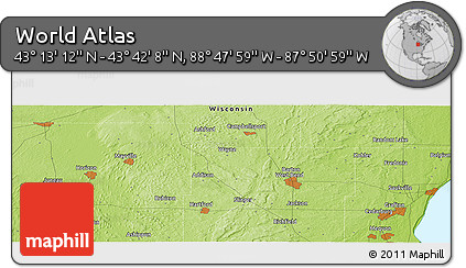 Physical Panoramic Map of the Area around 43° 27' 40" N, 88° 19' 29" W