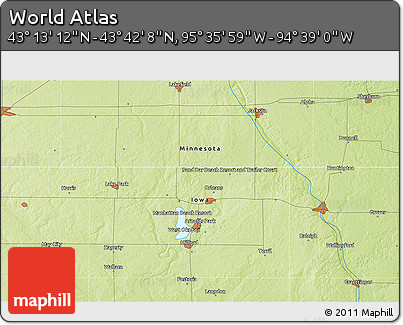 Physical 3D Map of the Area around 43° 27' 40" N, 95° 7' 30" W