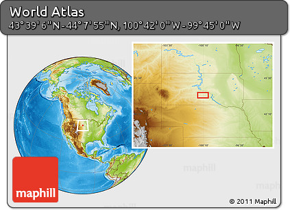Physical Location Map of the Area around 43° 53' 30" N, 100° 13' 29" W
