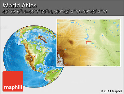 Physical Location Map of the Area around 43° 53' 30" N, 100° 13' 29" W