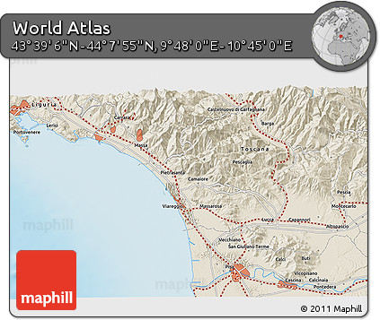 Shaded Relief 3D Map of the Area around 43° 53' 30" N, 10° 16' 30" E