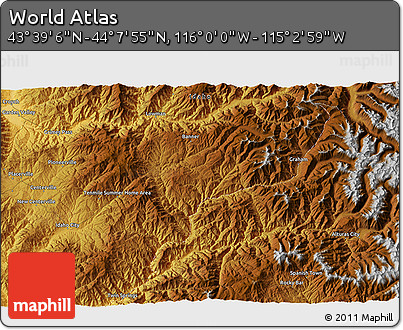 Physical 3D Map of the Area around 43° 53' 30" N, 115° 31' 30" W