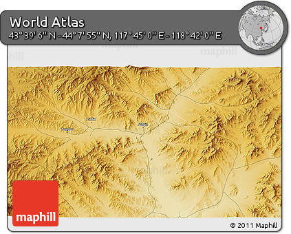 Physical 3D Map of the Area around 43° 53' 30" N, 118° 13' 29" E