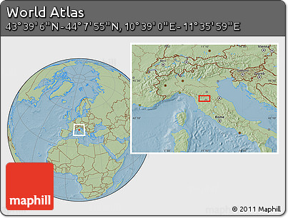 Savanna Style Location Map of the Area around 43° 53' 30" N, 11° 7' 30" E, hill shading