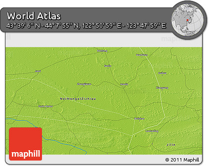Physical 3D Map of the Area around 43° 53' 30" N, 123° 19' 29" E