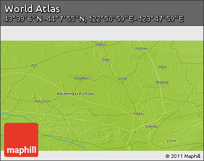 Physical 3D Map of the Area around 43° 53' 30" N, 123° 19' 29" E